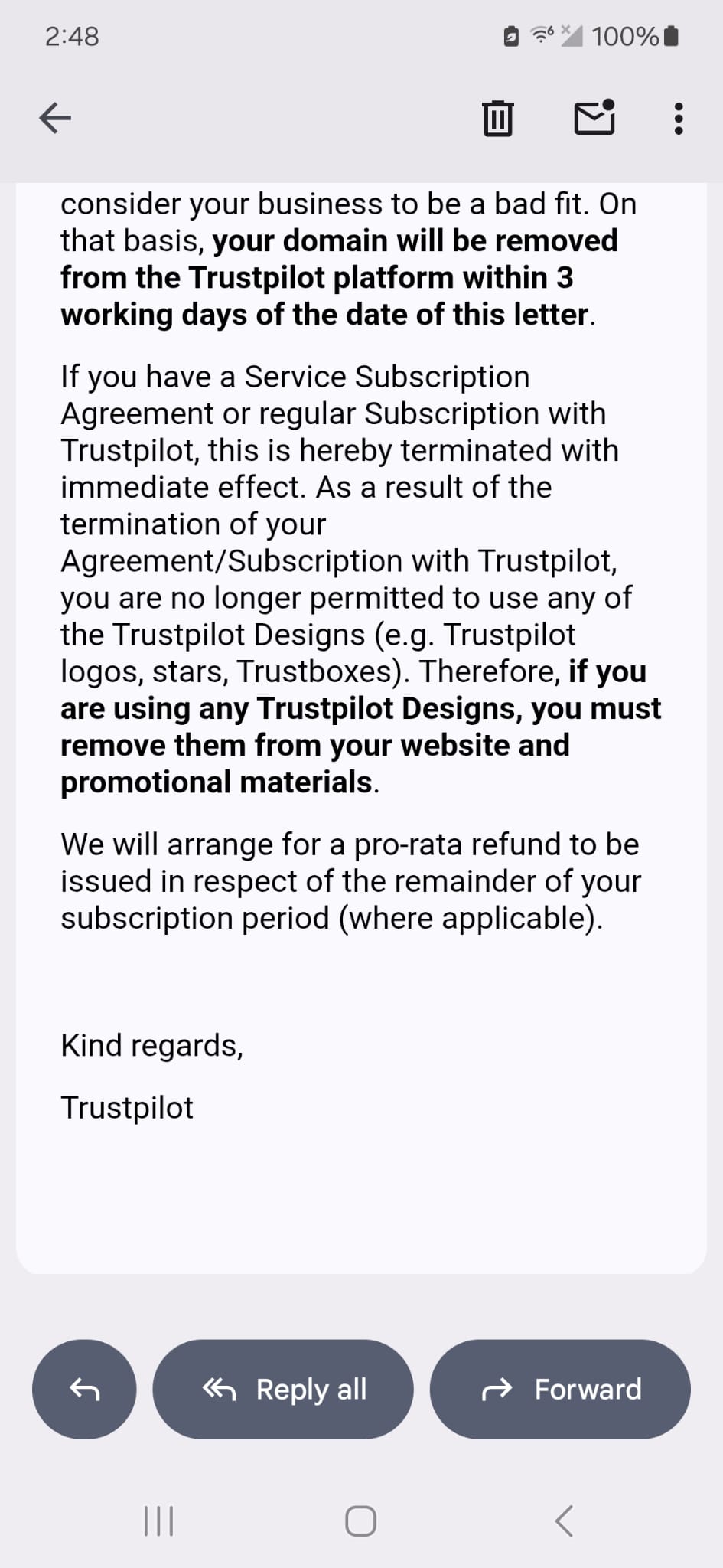 Trustpilot takedown email screenshot 2