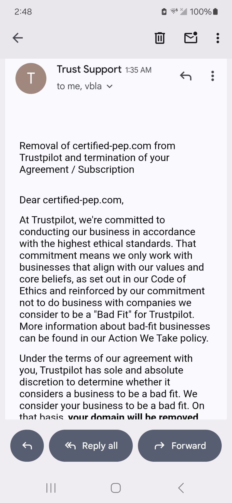 Trustpilot takedown email screenshot 1