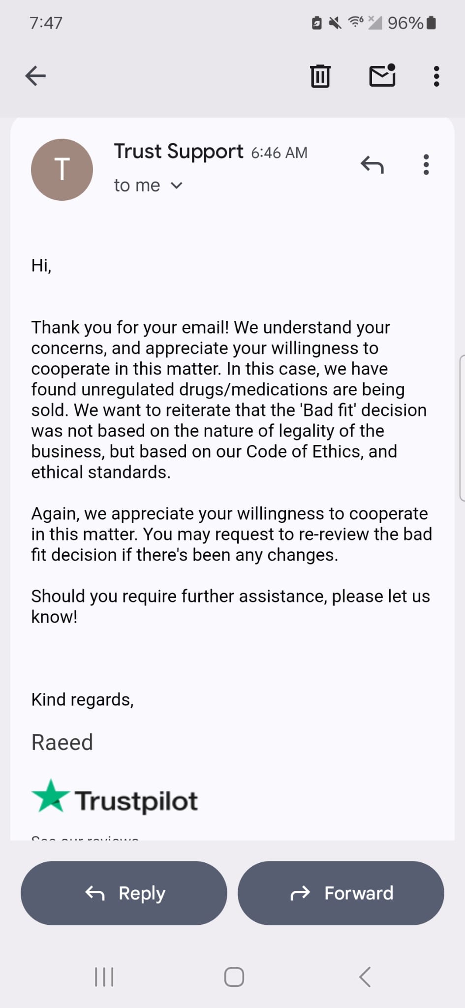 Trustpilot email response explaining the bad fit decision